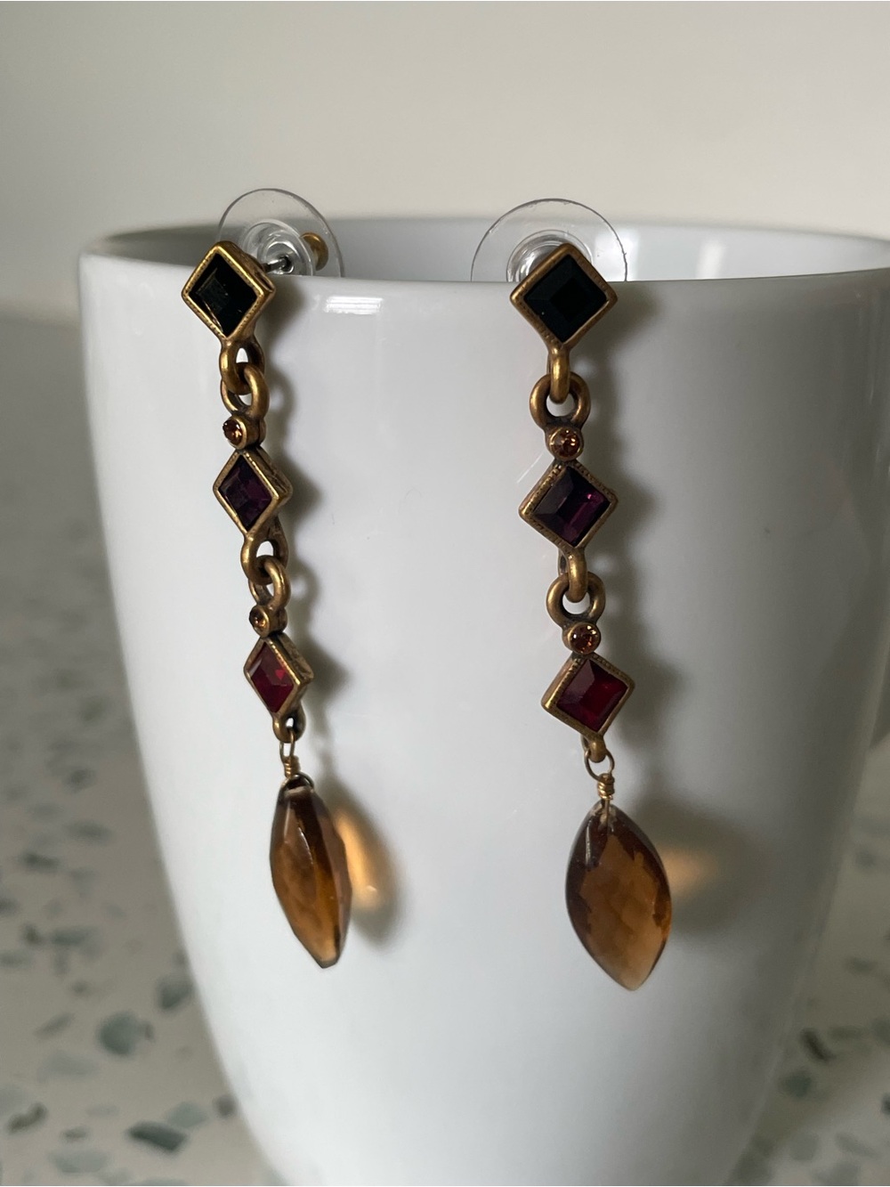 Gold-Tone Dangle Earrings with Black, Purple, Red Accents and Amber Drops